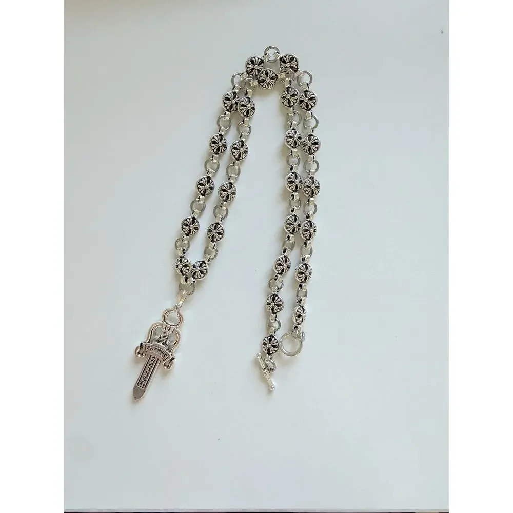 CH style chrome silver cross sword dagger necklace 60cm